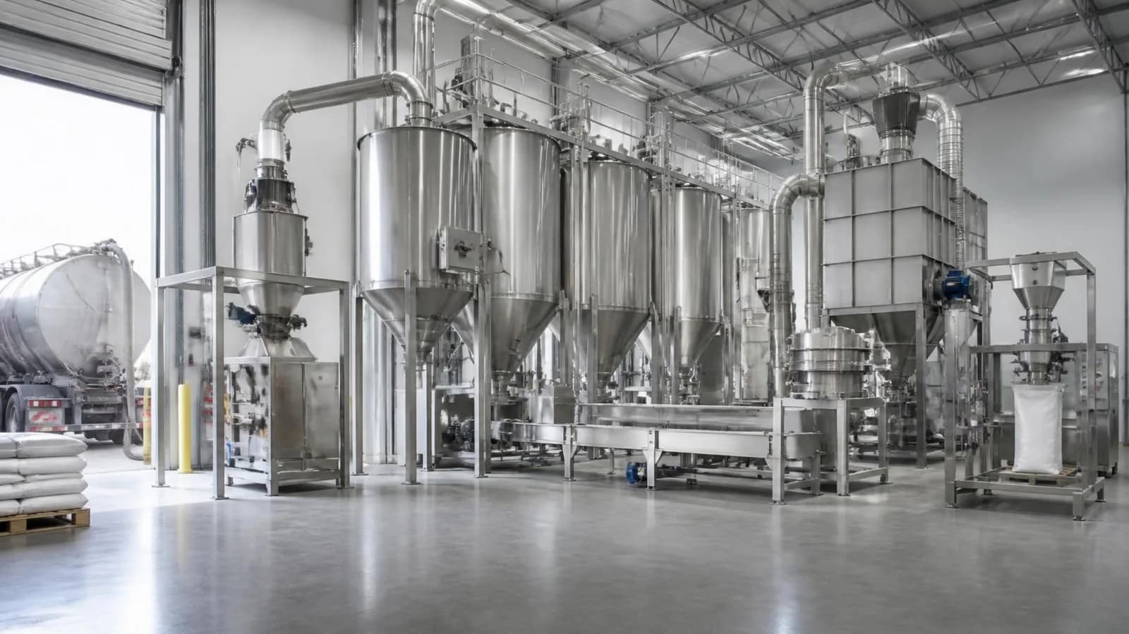 Bulk material handling installation with silos, conveying and packing equipment